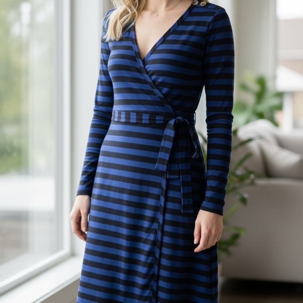 Banana Republic Stretch Wraparound Navy Blue and Black Striped Dress Size XS